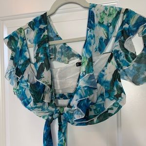 Two piece blue floral tie top w/ off the shoulder